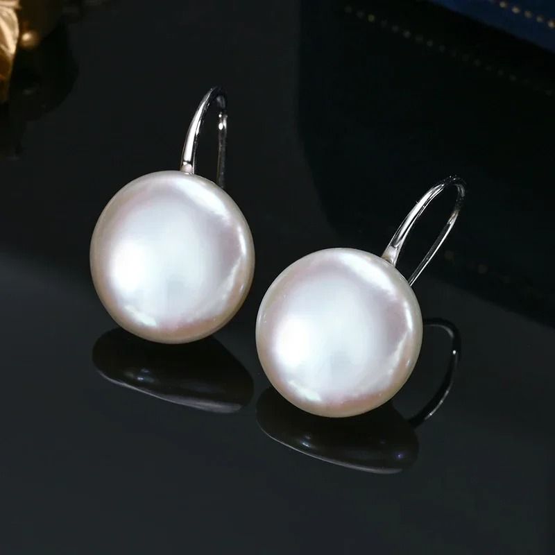 Natural Freshwater White Button Baroque Pearl Earrings 925 Sterling Silver Ear Hook