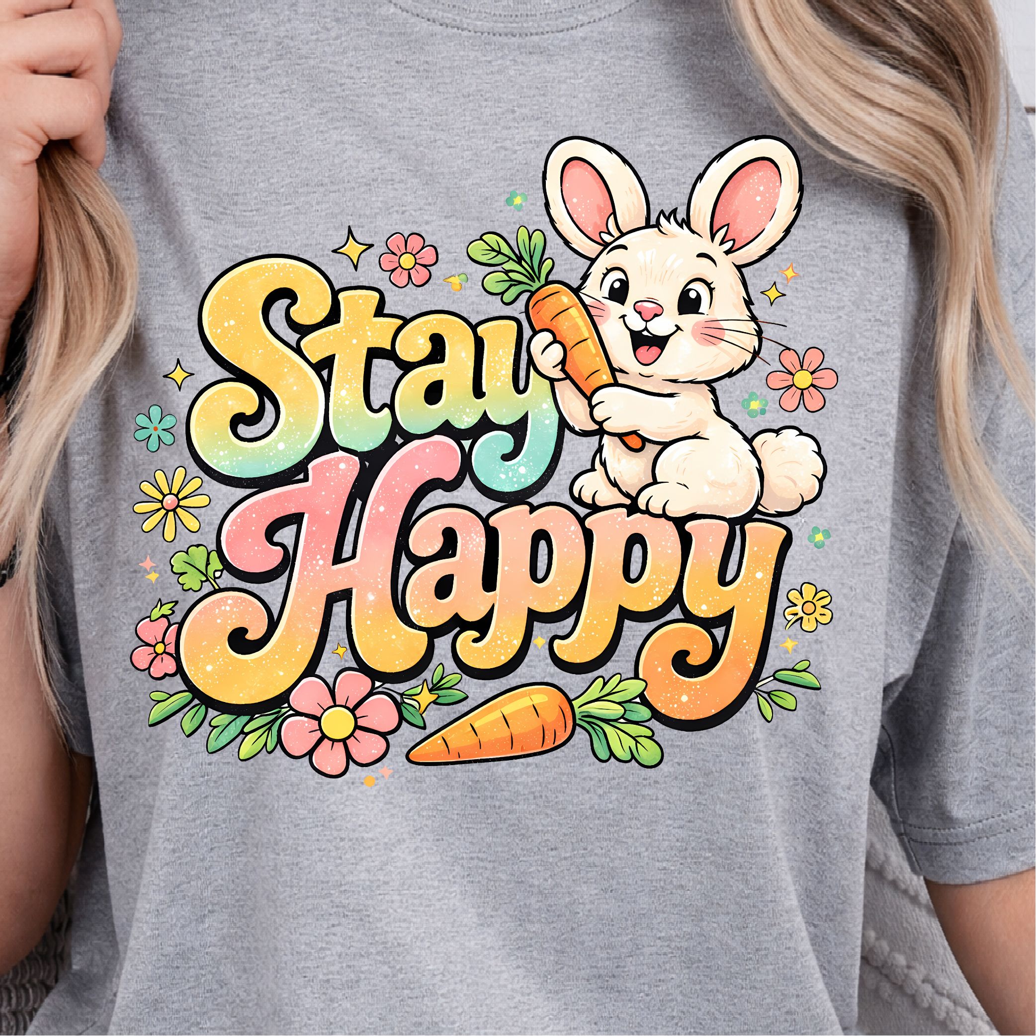 Stay Happy Shirt - Happy Bunny with Carrots Easter Tee