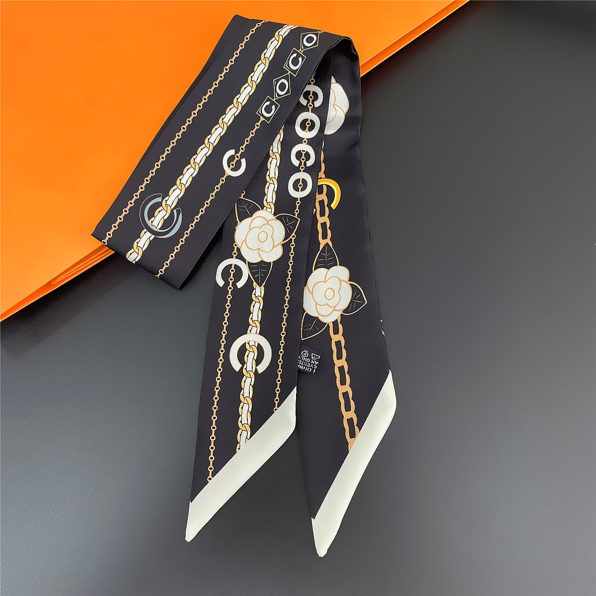 Women's French Elegant Black and White Tied Handle Bag with Small Silk Scarf and Double-sided Twill Ribbon Headband