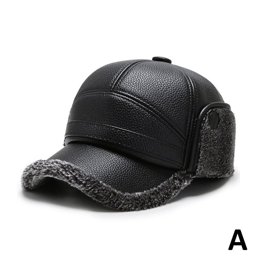 Men's Winter PU Leather Baseball Cap With Earflaps Warm Bomber Hat Windproof Keep Warm Elderly Dad Cap