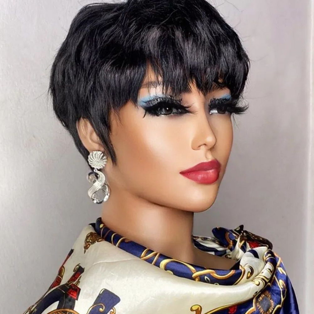 Brown Short Pixie Cut Wig Human Hair for Black Women, Machine Made Wigs with Bangs, Colored Human Hair Wigs