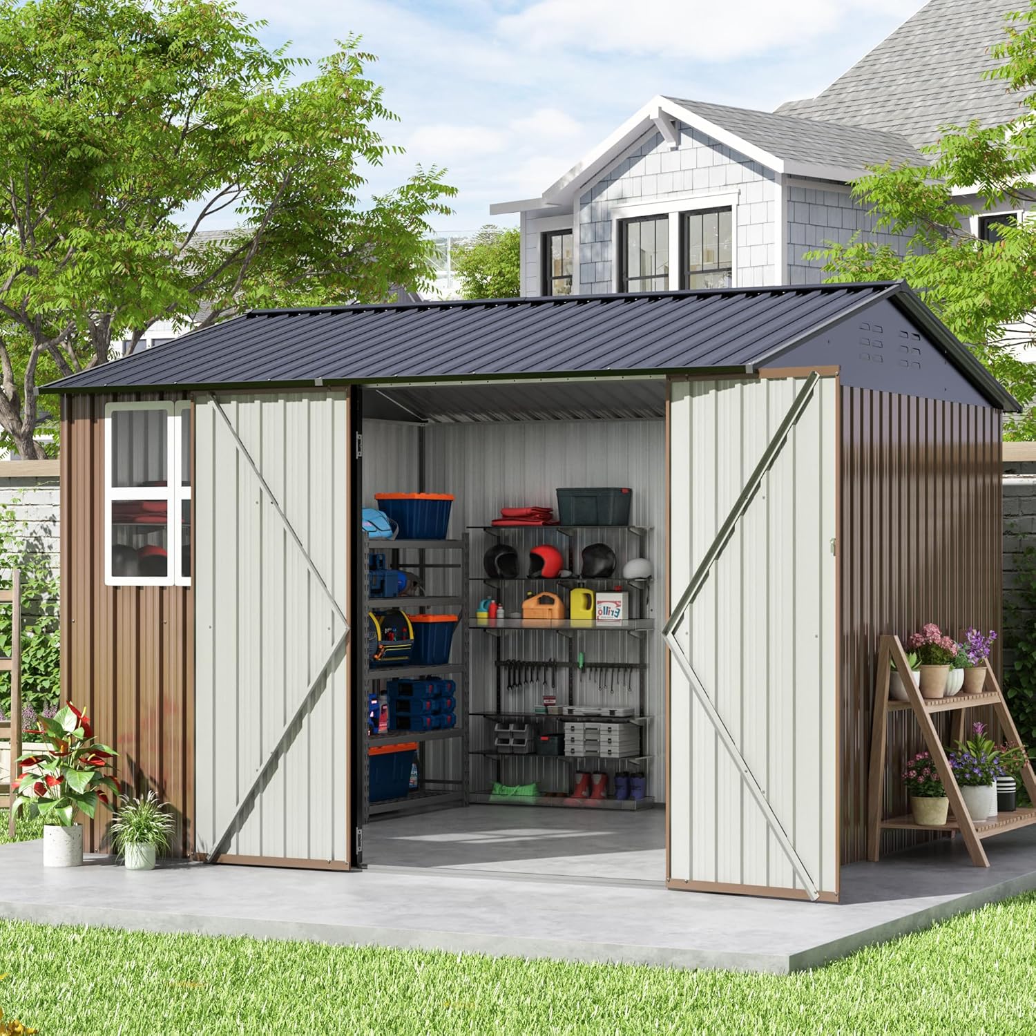 Large Metal Tool Shed, Outdoor Storage Shed with Lockable Doors and Updated Frame Structure