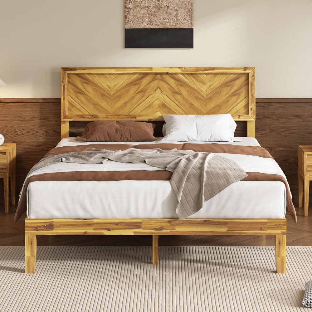 Mid Century Modern Platform Bed, Queen Solid Acacia Wood Bed Frame with Smooth Pattern Headboard, Wood Slats