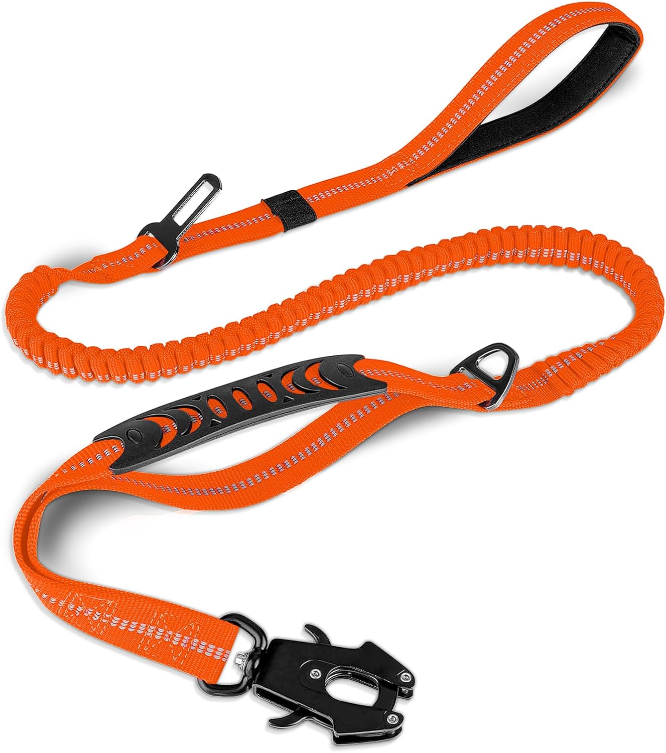 Heavy Duty Tactical Dog Leash Shock Absorbing Bungee Lead with Metal Carabiner Clip Padded Handles Car Seatbelt
