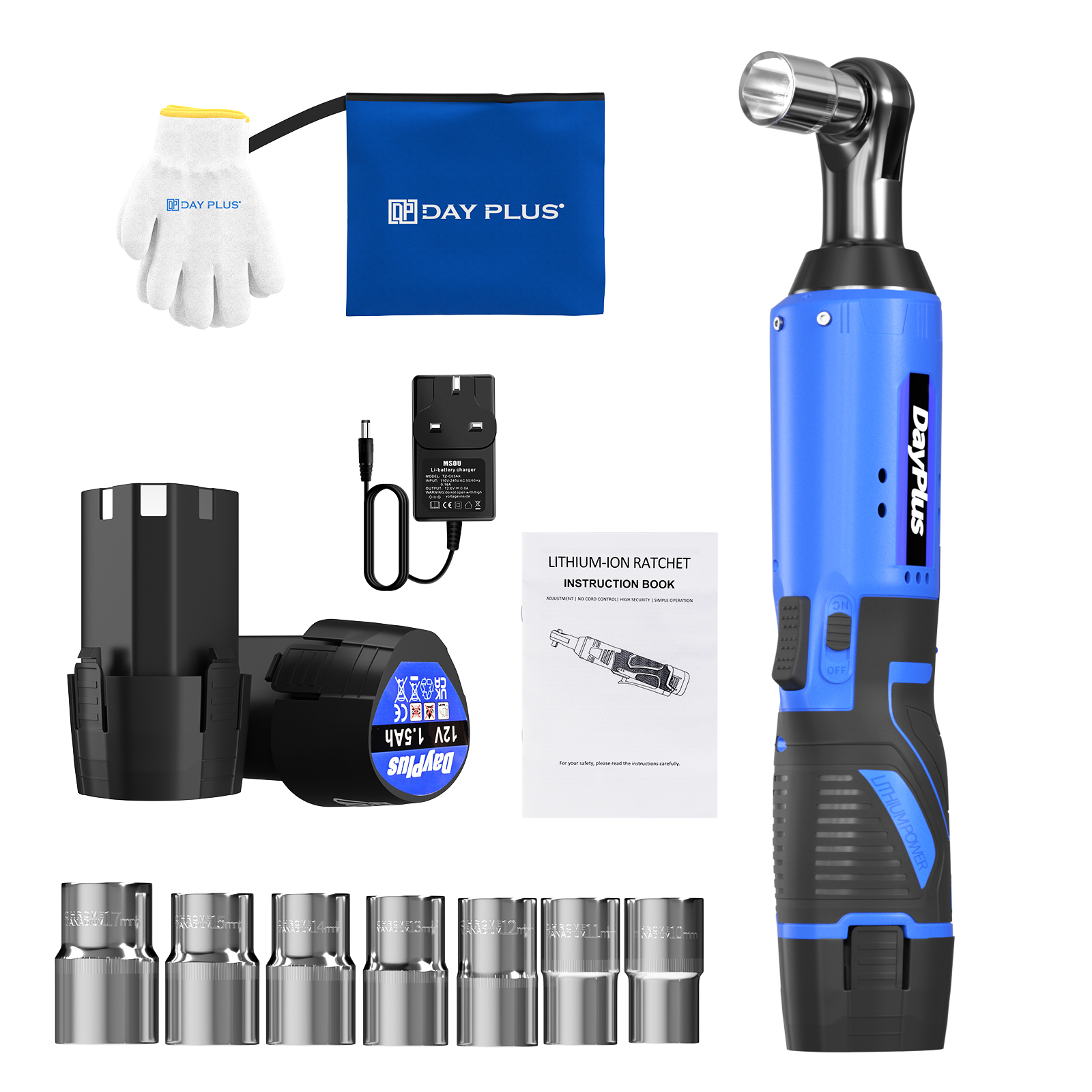 Cordless Electric Right Ratchet Wrench LED Work Light with Socket Set and Batteries
