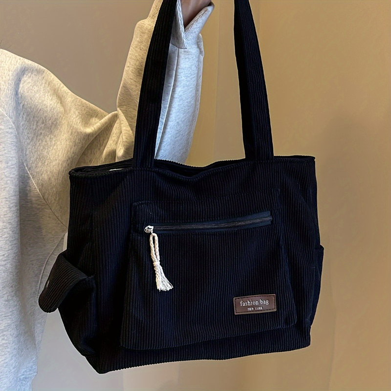 Retro Multi Pockets Handbag Simple Corduroy Tote Bag Solid Color Shoulder Bag For School Work Shopping