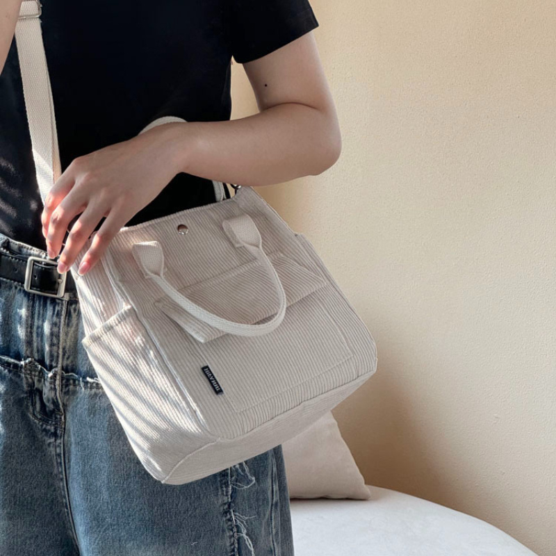 Corduroy Tote Bag, Hand Washable Satchel, Everyday Crossbody or Shoulder Bag, Solid Color Bag with Multiple Pockets