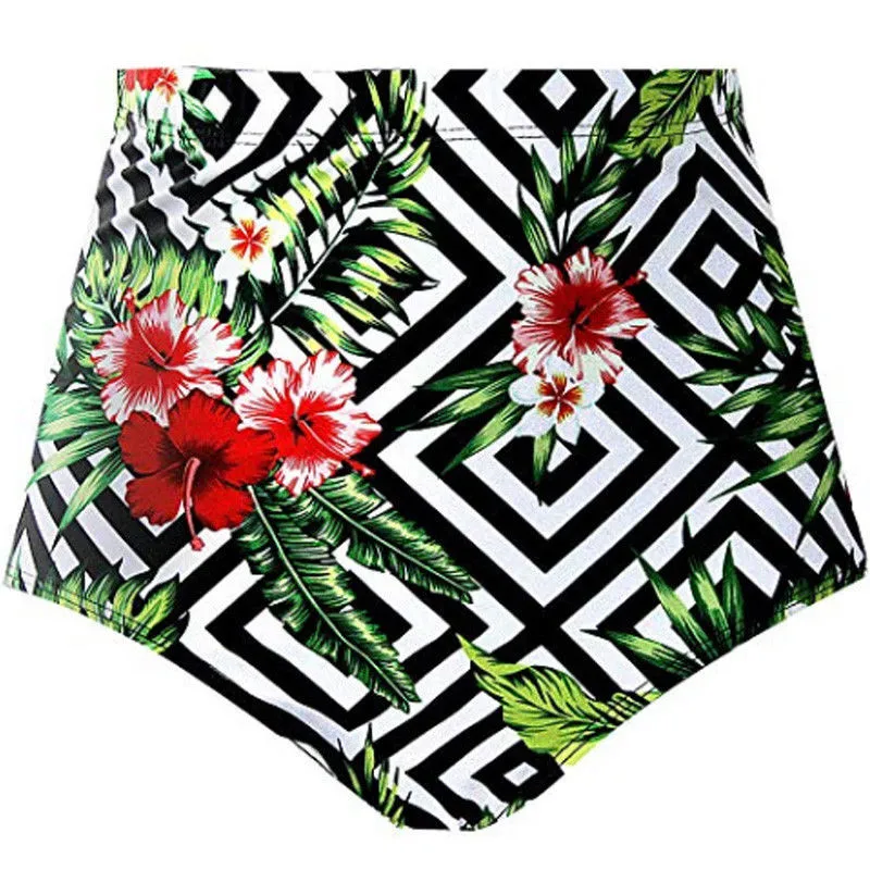 Floral Women Bikini Shorts Swimwear High Waist Tankini Bottoms Solid Color Beach Swimsuits