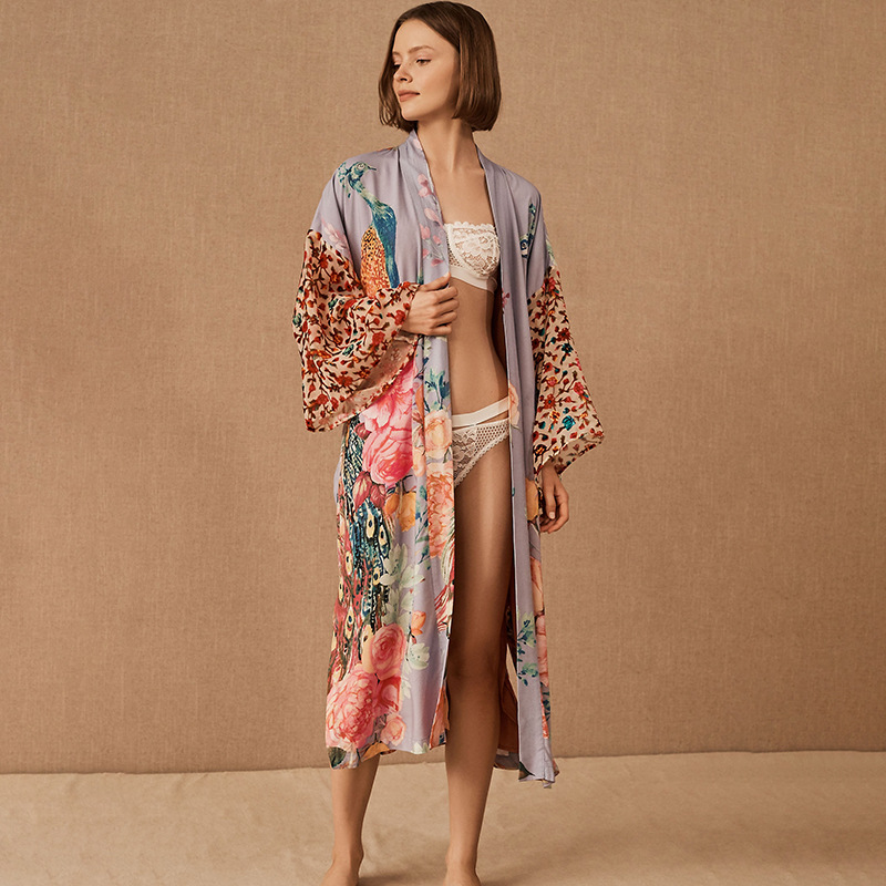 Peacock Printed Beach Kimono for Women, Self Belted Wrap Dresses, Swimsuit Cover Up, Seaside Bathing Suits, Beachwear Peacock Printed Beach Kimono for Women, Self Belted Wrap Dresses, Swimsuit Cover Up, Seaside Bathing Suits, Beachwear