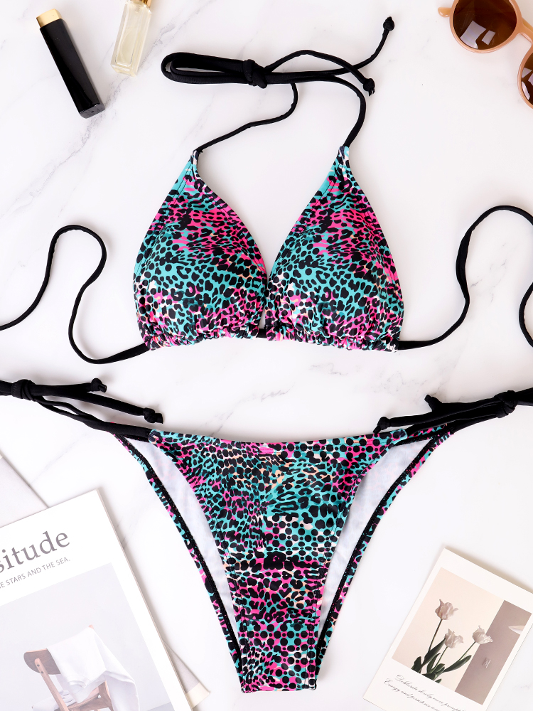 Summer Bikini Beach Vacation Swimsuit for Women Two-Piece Strappy Lace-Up Polka Dot Printed Set