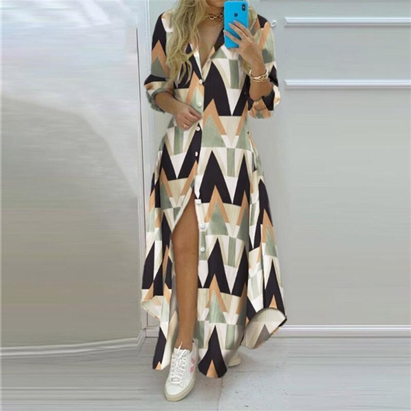 Summer Women Boho Printed Maxi Dresses Turn-down Collar Long Sleeve Casual Split Shirt Elegant Dress Evening Dresses Summer Women Boho Printed Maxi Dresses Turn-down Collar Long Sleeve Casual Split Shirt Elegant Dress Evening Dresses