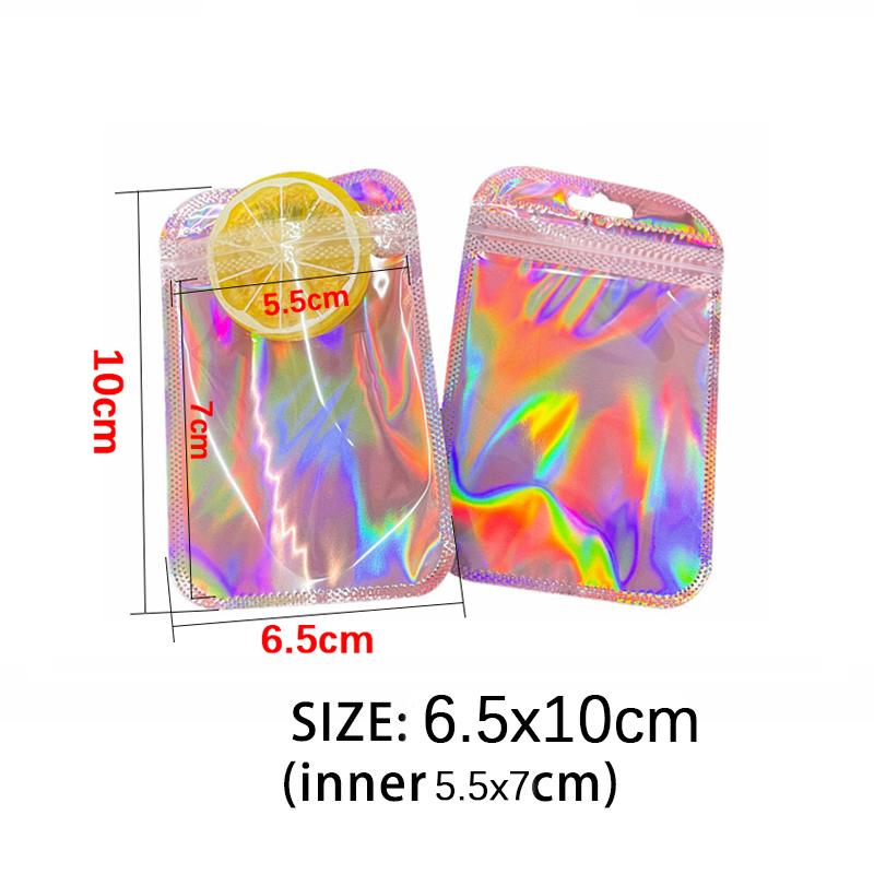 Resealable Zip Lock Pouches Pink Laser Iridescent Plastic Bags for Jewelry Display Retail