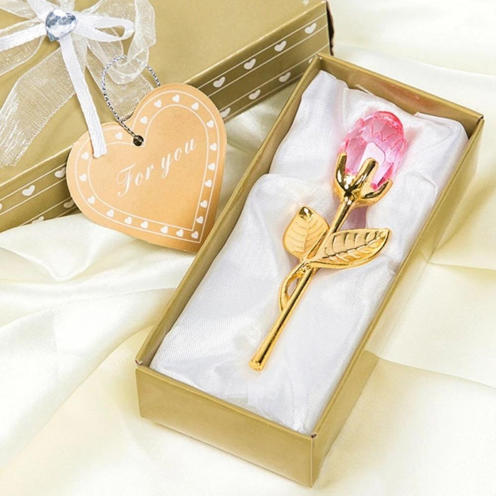Crystal Glass Rose Valentine’s Day Gift Artificial Flower Silver Gold Rod Wedding Gifts for Guest Girlfriend