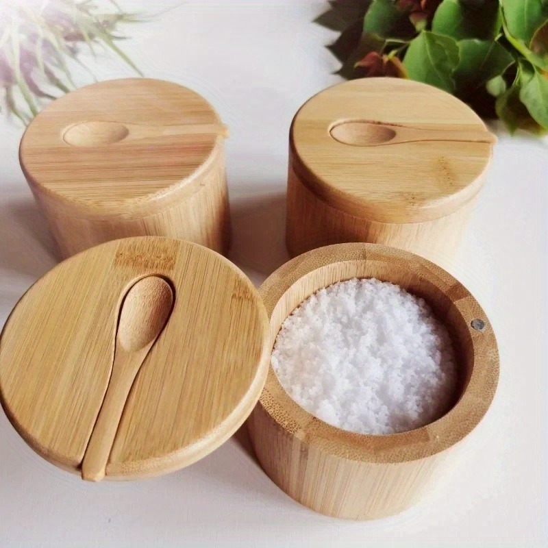 Wooden Bamboo Condiment Box Salt and Pepper Jar Set with Lid Storage Pot Multi Bowls Sugar Holder