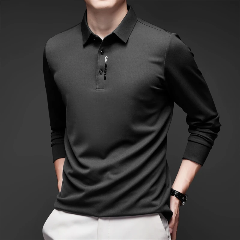 Fashionable Breathable Comfortable New Mens Business Casual Long Sleeved Shirt with Badge Solid Color Polo Shirt