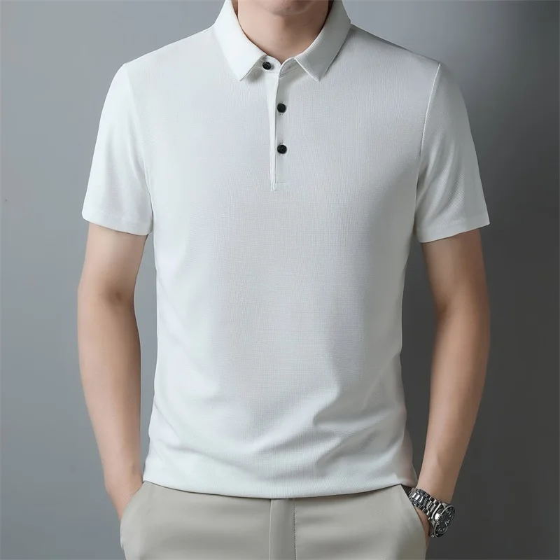 Fashion Solid Color Polo Shirt for Men New Casual Waffle Short Sleeve Top