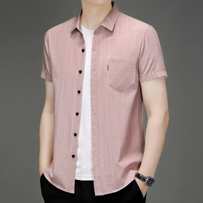 Comfortable All Season New Men’s Business Casual Short Sleeved Printed Shirt with Wrinkle Resistance No Ironing