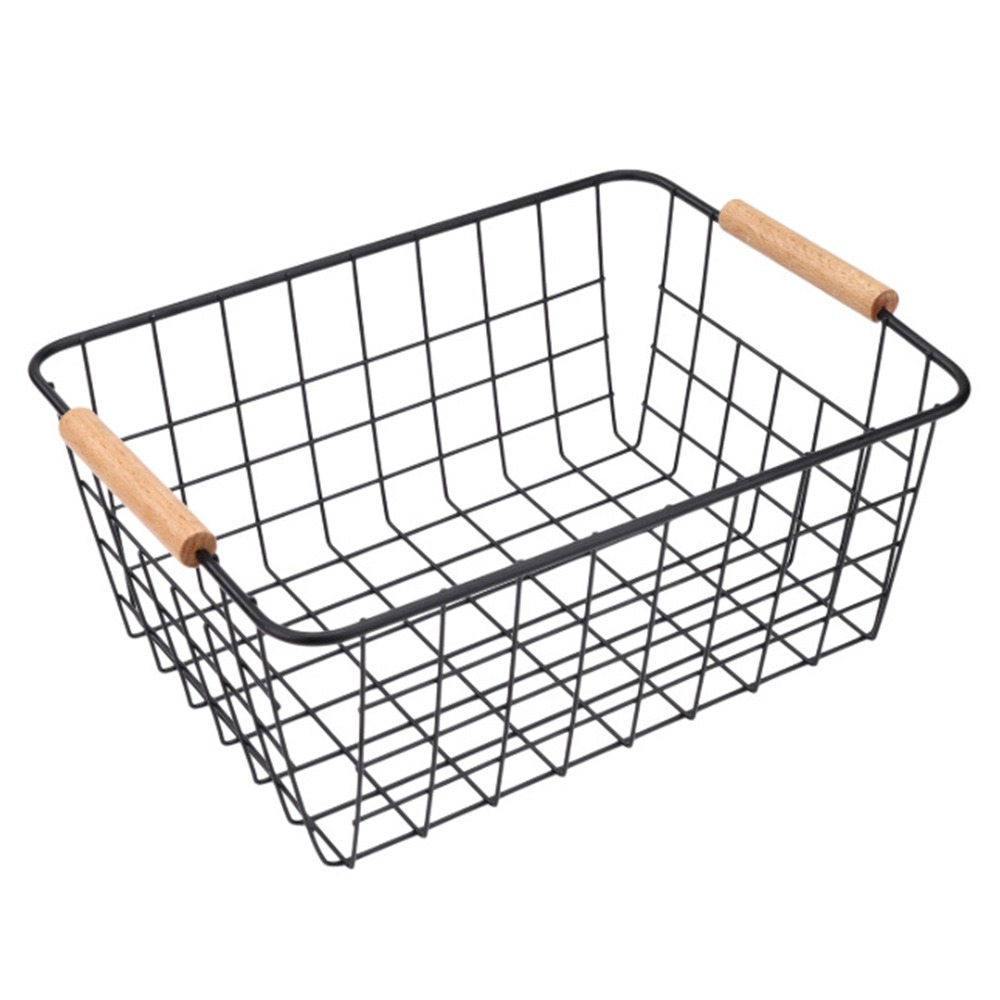 Metal Desktop Storage Basket with Wood Handle Large Capacity Iron Wired Basket for Sundries