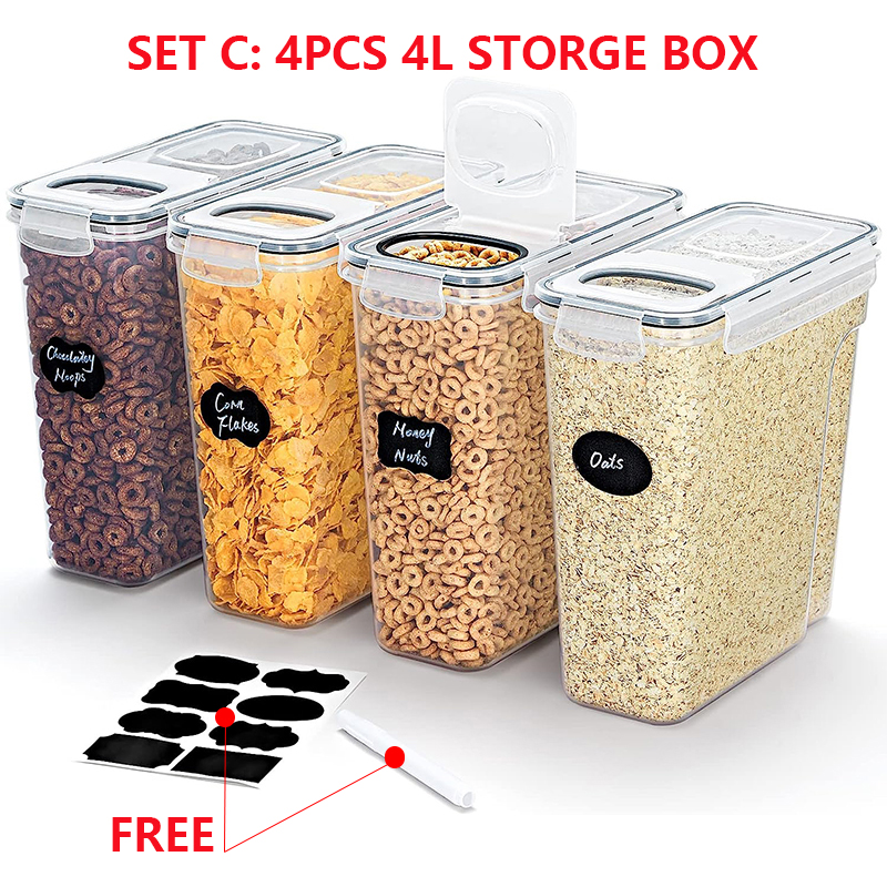 Airtight Cereal Storage Containers with Lids Moistureproof Food Tank Kitchen Organization Box with Label Stickers