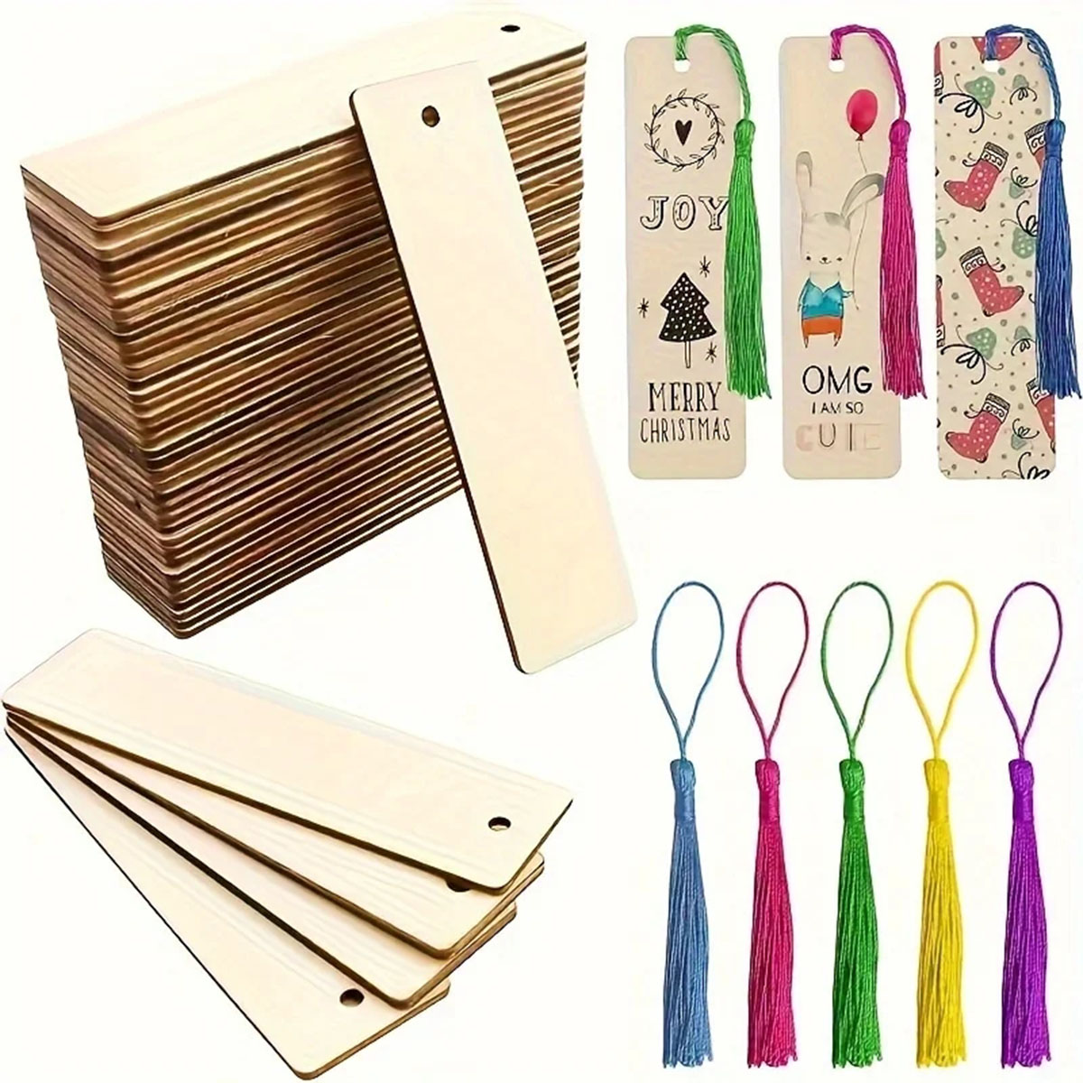 Wooden DIY Craft Bookmarks Laser-cut Wooden Pendants Tassel Color Random Square Tags for Custom Projects
