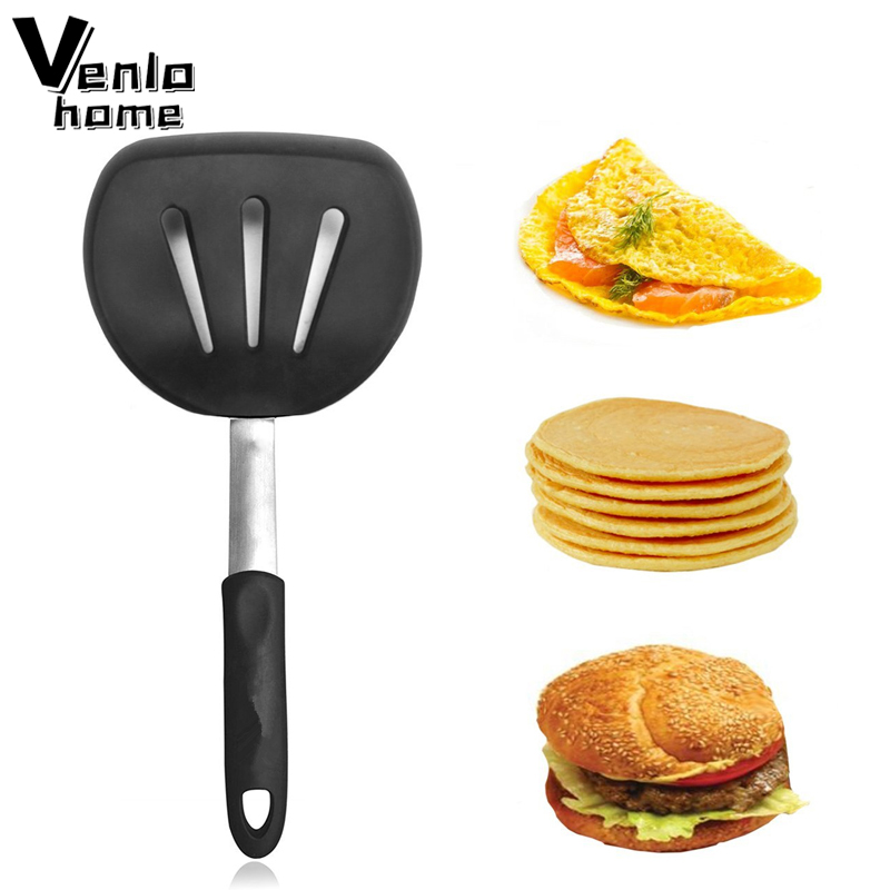 Wide Non Stick Pancake Turner Flexible Silicone Spatula with Stainless Steel Handle BPA Free Kitchen Cooking Turner