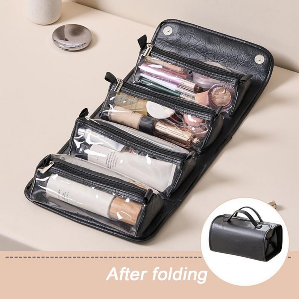 Portable Women Makeup Case Foldable Leather Travel Cosmetic Bag Waterproof Toiletry Organizer Large Capacity Storage Bag