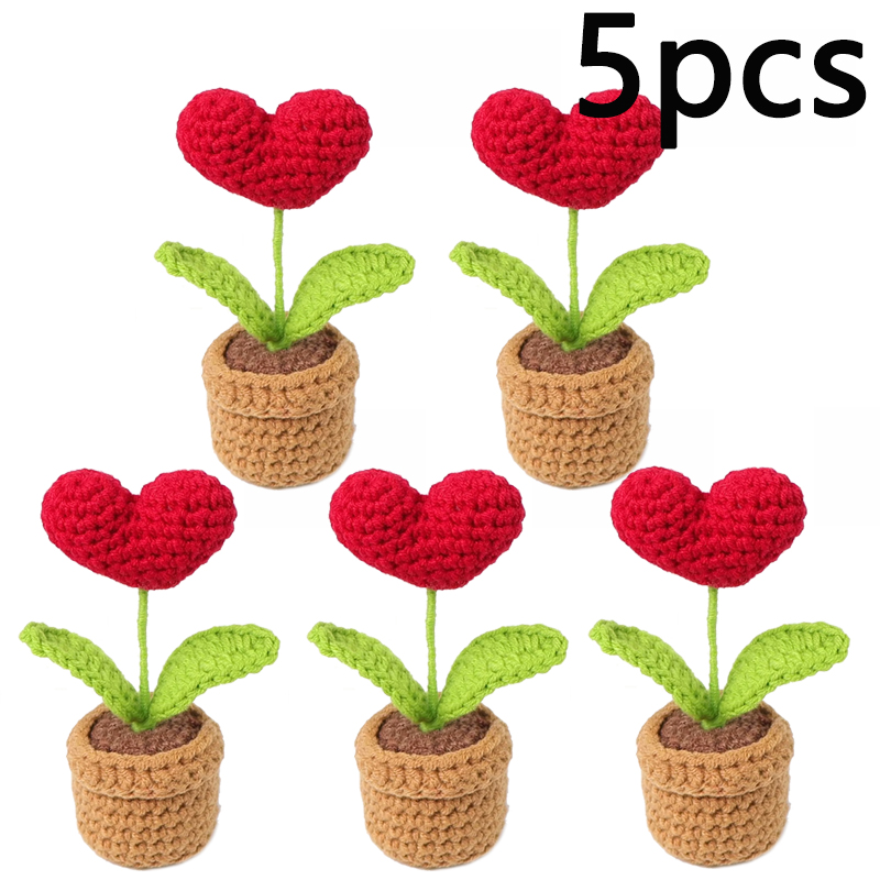 Red Heart Shaped Handmade Knitted Flower Pot Knit Imitation Potted Plant for Valentine's Day Christmas Mother's Day Gift
