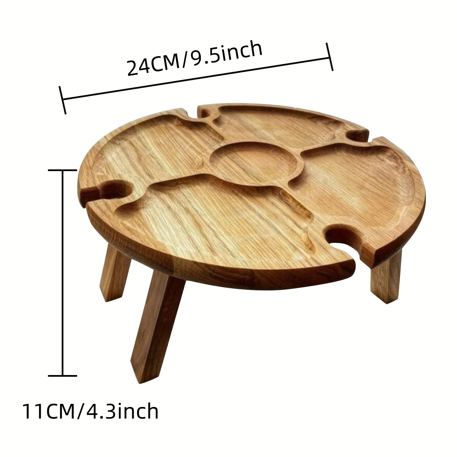 Wooden Folding Picnic Table with Glass Holder Round Desk Collapsible Wine Glass Rack for Outdoor Garden Party