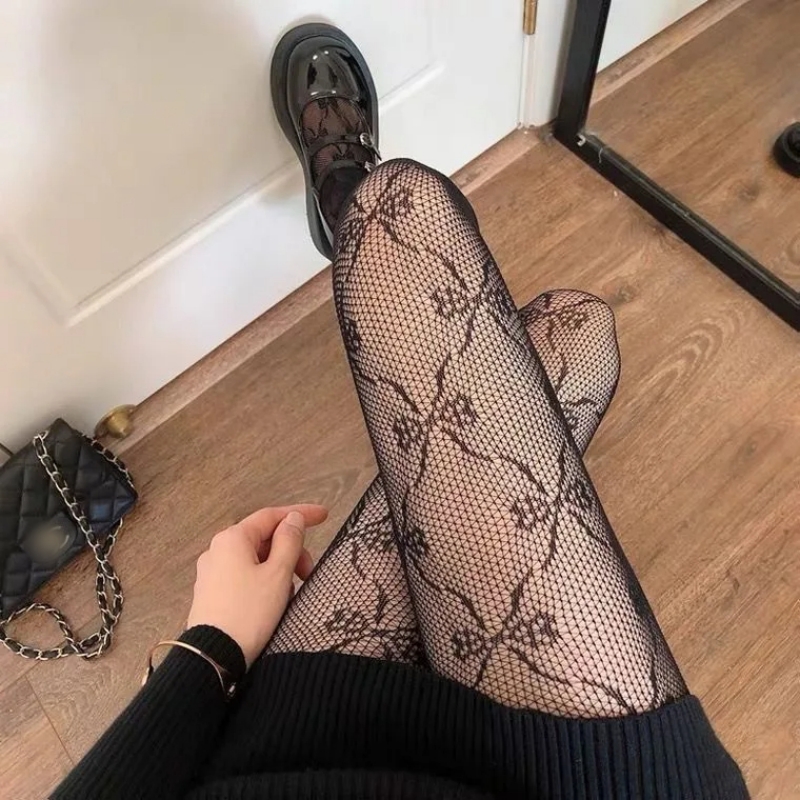 Elegant Floral Lolita Lace Stockings Vintage Hollow Lace Mesh Pantyhose for Retro Fashion Styling
