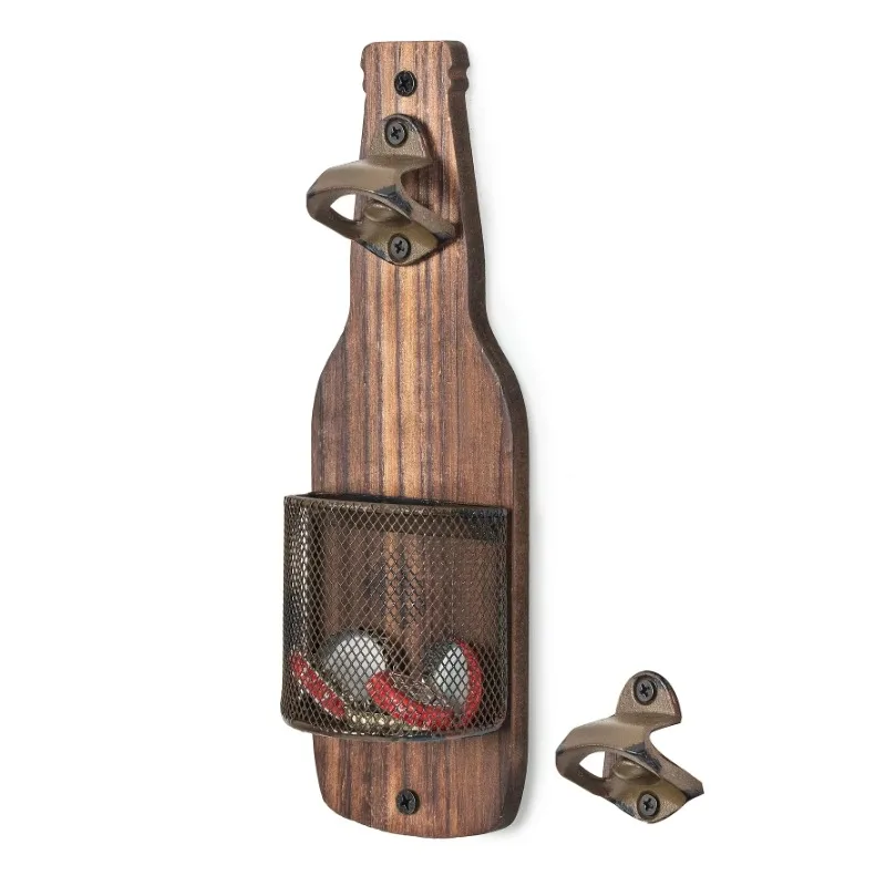 Wooden Wall Mounted Beer Bottle Opener with Cap Storage Box Perfect Bar Counter Decoration