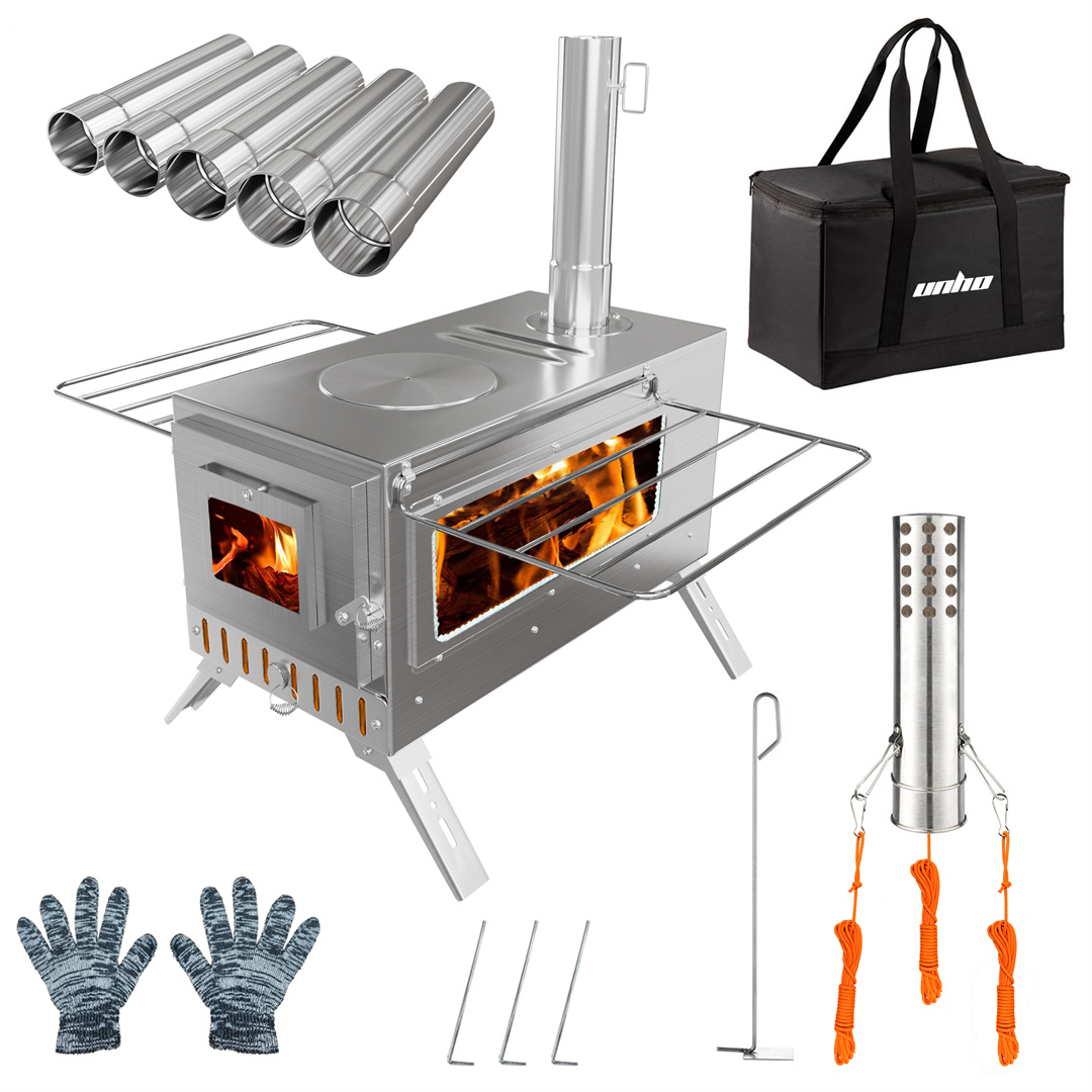 Portable Wood Burning Hot Tent Stove with Stainless Chimney Pipes for Camping