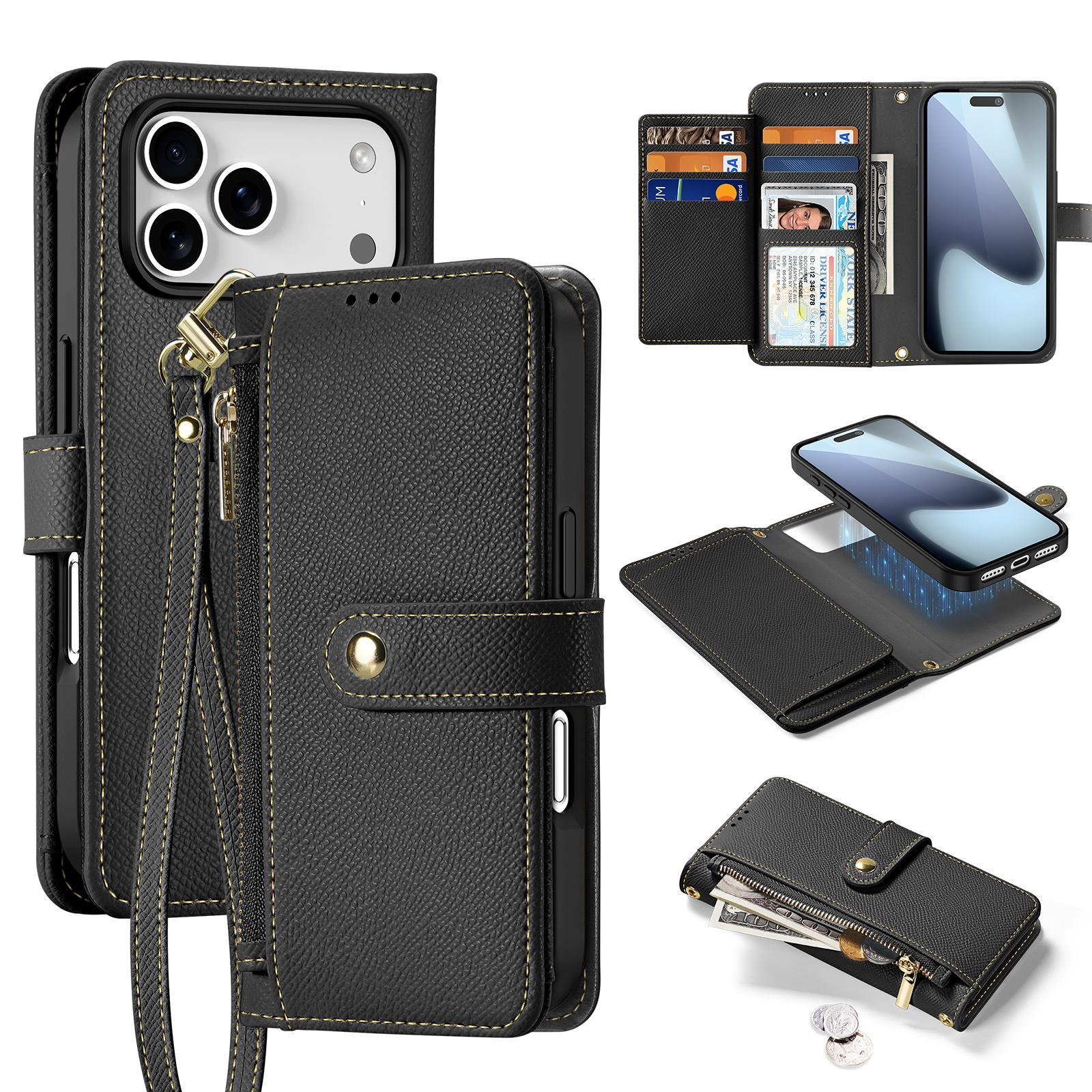 MagSafe Wallet Case with Zipper & Lanyard for iPhone Detachable 2 in 1 Card Holder Cover