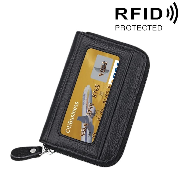 RFID Blocking Leather Card Holder Wallet Slim Zipper Cowhide Organizer with 12 Slots