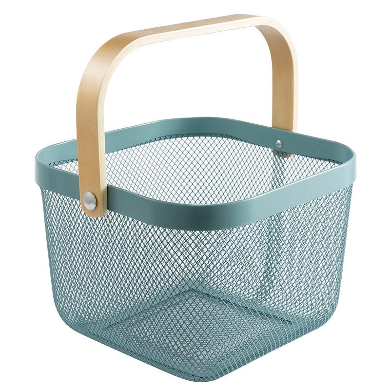 Square Wooden Handle Mesh Storage Basket for Fruit Kitchen Organizer Decorative White