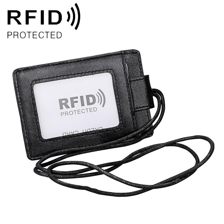 Premium RFID Blocking Leather ID Badge Holder with Lanyard Slim Card Wallet