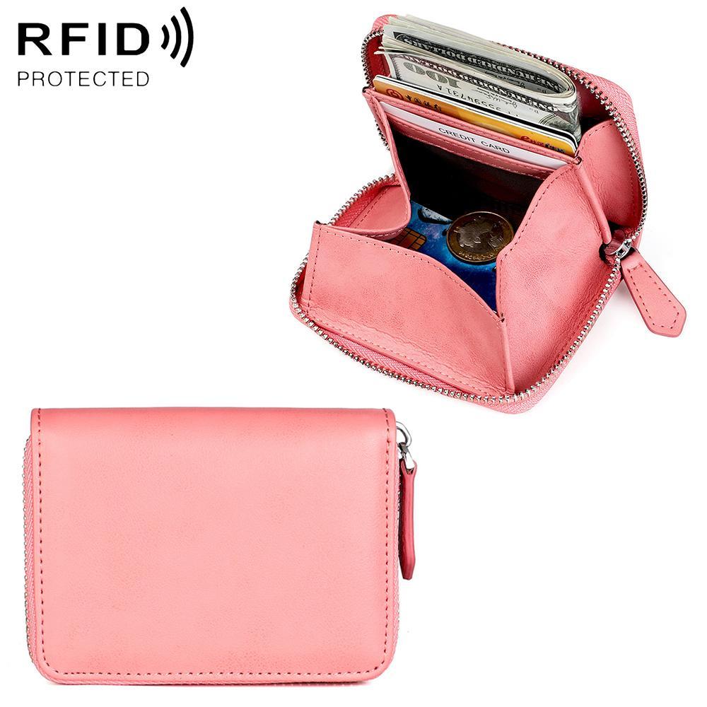RFID Blocking Leather Zipper Wallet Organizer Compact Card Holder with Coin Storage