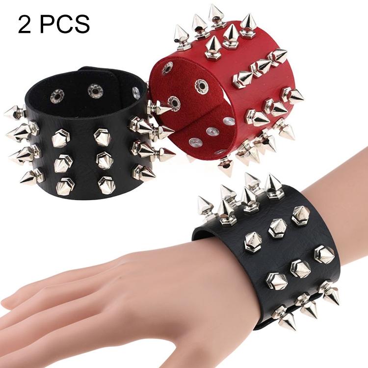 Punk Spike Studded Leather Bracelets Set for Men & Women 2PCS Gothic Rivet Cuff Bands Random Color