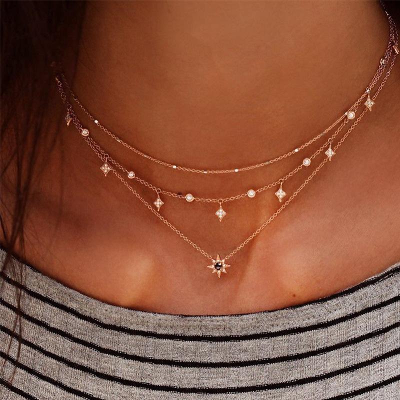 Celestial Layered Star Pendant Necklace for Women Adjustable Multi Layer Chain Jewelry