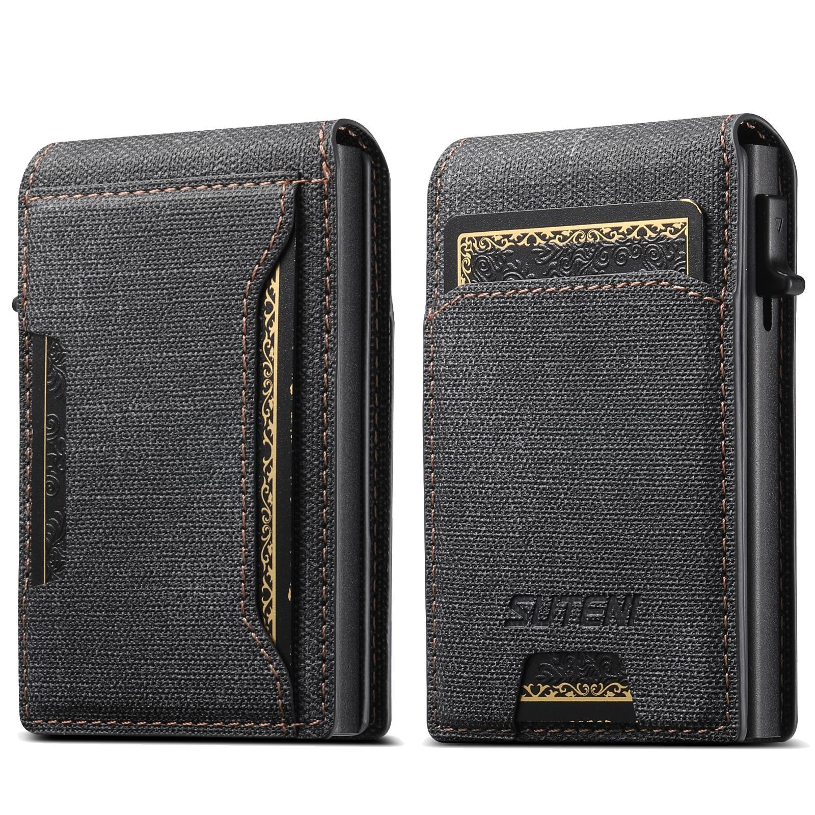 Denim RFID Blocking Pop-Up Wallet with Magnetic Closure and Slim Metal Card Holder