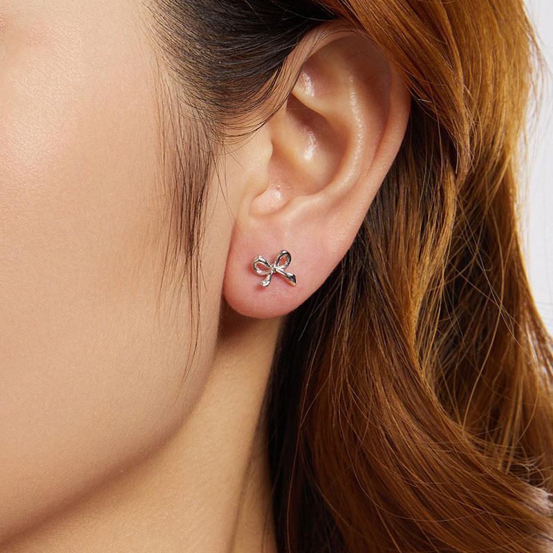 Elegant Sterling Silver Bow Earrings Platinum Plated S925 Hypoallergenic Studs for Women