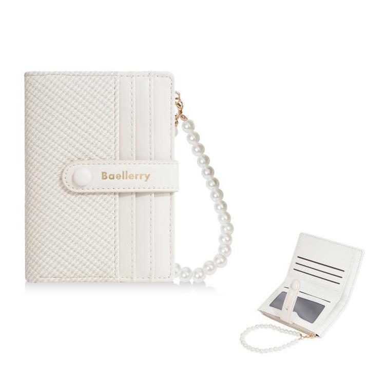 Pearl Chain Women Slim Wallet & Compact Card Holder with Zipper Coin Pouch