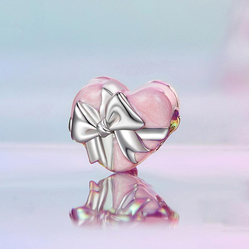 Sterling Silver Heart Gift Box Charm Bead with Platinum Plating for Charm Bracelets