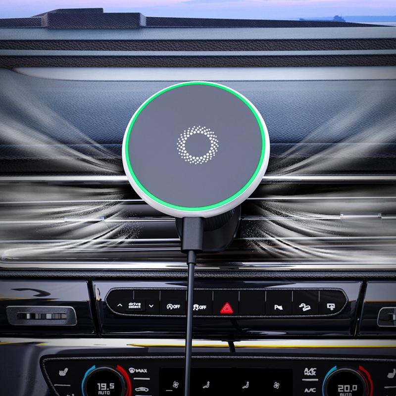 15W Magnetic Wireless Car Charger MagSafe Car Mount with LED Atmosphere Light Air Vent Phone Holder