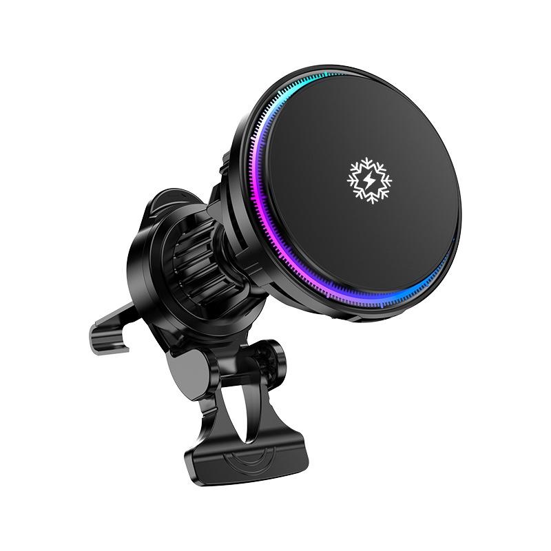 15W Magnetic Wireless Car Charger with Semiconductor Cooling RGB Light MagSafe Car Mount Phone Holder