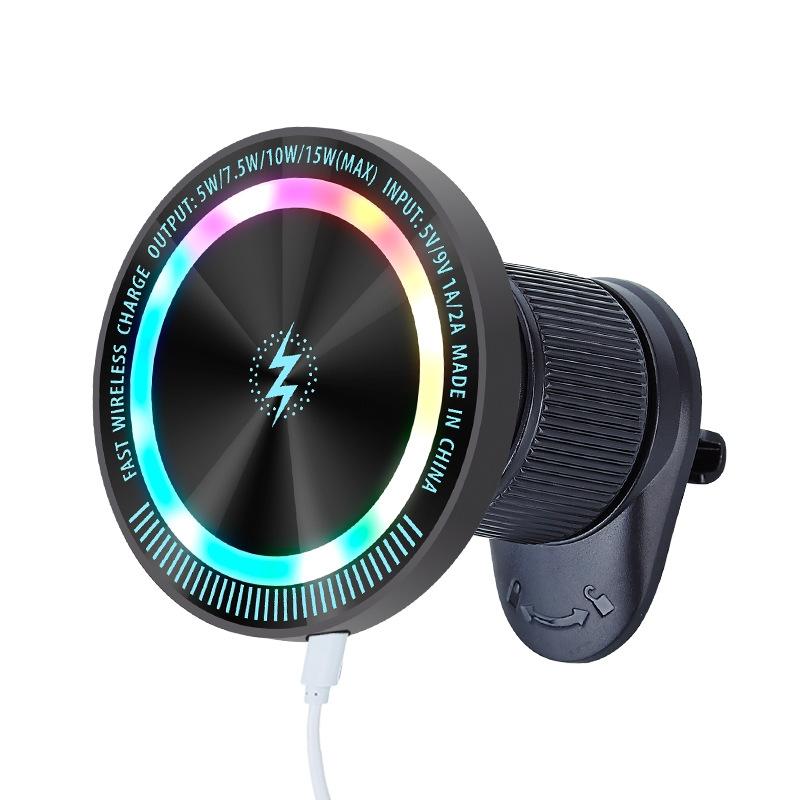 MagSafe Wireless Charger 15W Magnetic Phone Holder with Colorful LED Light for Car Desk and Dashboard