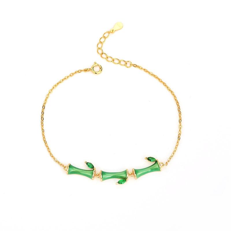 S925 Sterling Silver Bracelet Bamboo Design with Green Zircon Elegance