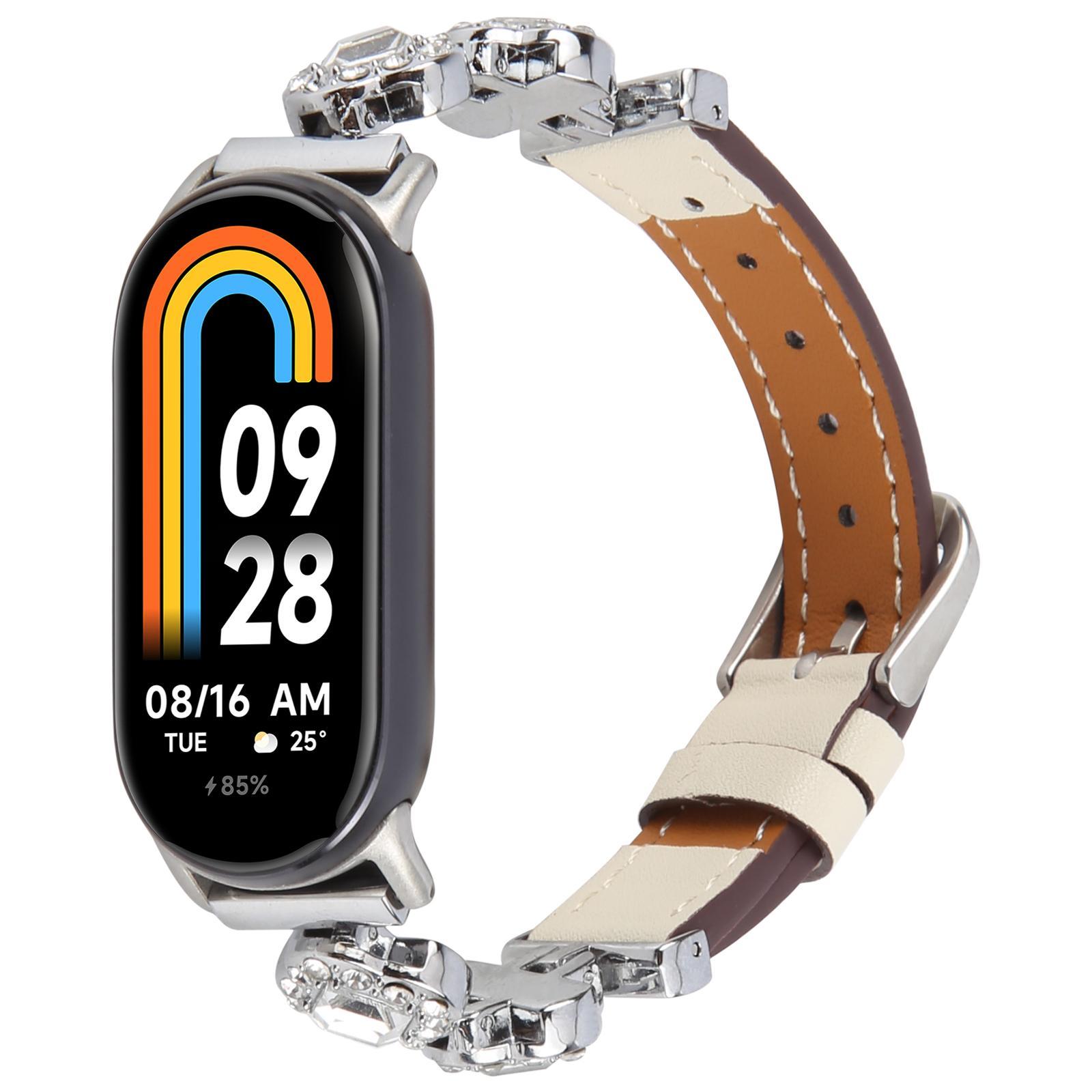 Xiaomi Smart Band 9 8 Leather Watch Band with Metal Diamond Bracelet Elegant Replacement Strap