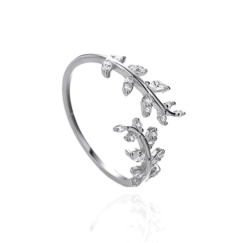 Silver Leaf Zirconia Adjustable Ring Nature Inspired Jewelry for Women