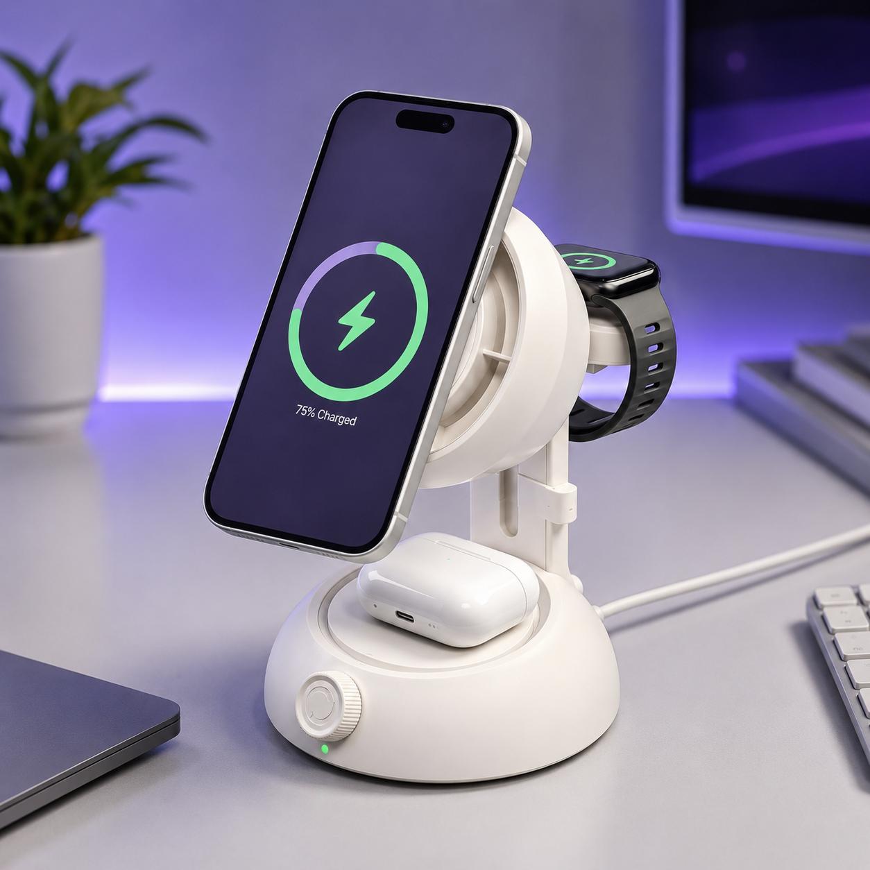 25W 3 in 1 Magnetic Wireless Charger with Cooling Fan Fast Charging Station for Phone Watch Earbuds
