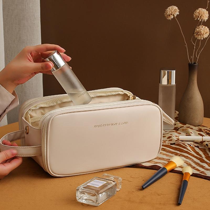 Large Capacity Travel Cosmetic Bag PU Leather Makeup Organizer with Wide U Shaped Opening